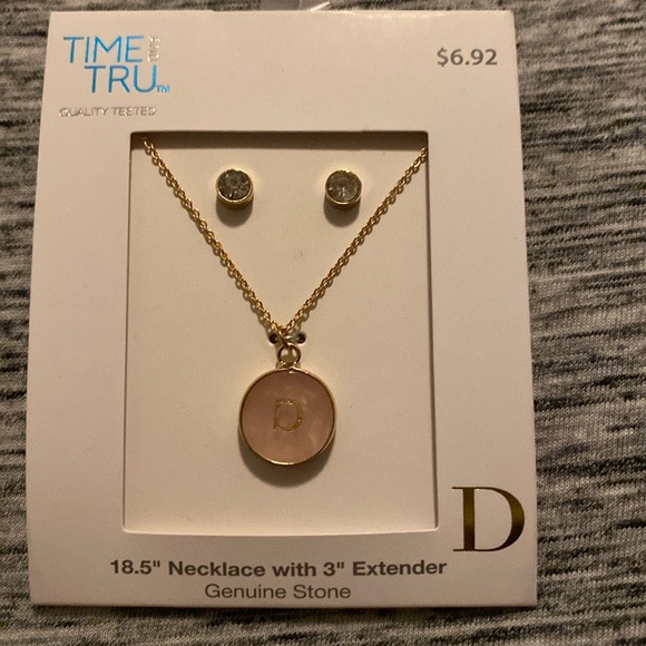 Genuine Rose Quartz with “D” Initial Disk Necklace and Earring Set 18.5” - Picture 1 of 12